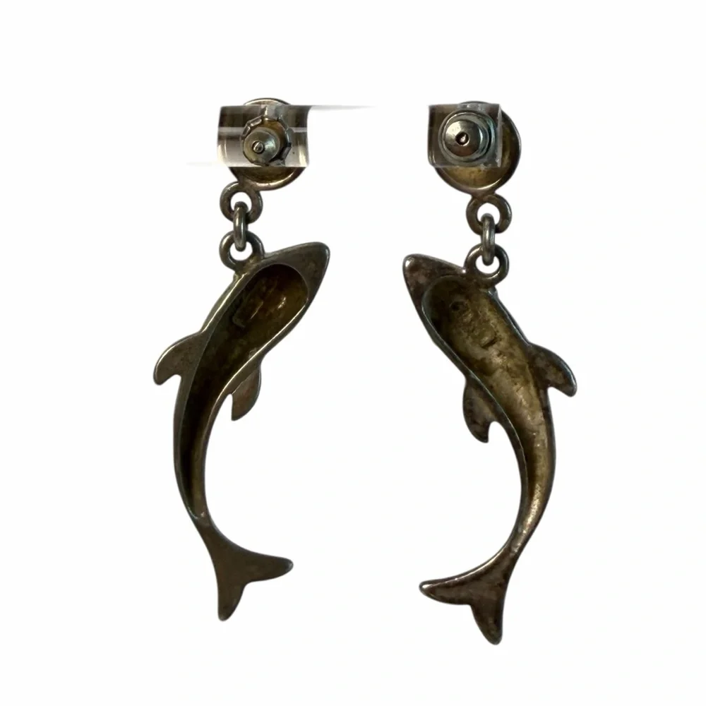 Vintage 925 Sterling Silver Dolphin Dangle Earrings Nautical Ocean beach - Picture 7 of 11